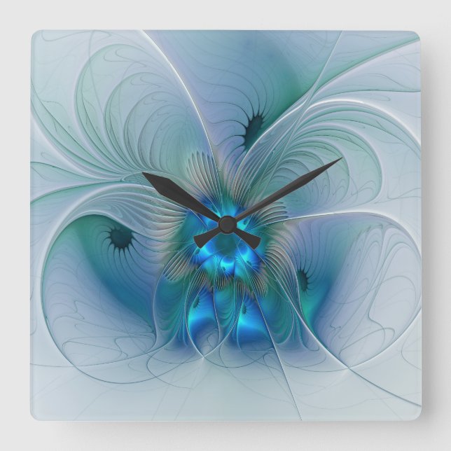 Horloge Carrée Ovations debout, fractale bleue turquoise abstrait (Recto)