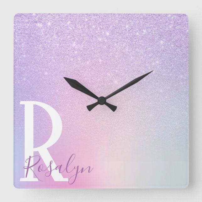 Horloge Carrée Paillettes violettes ombrées élégantes modernes et (Recto)
