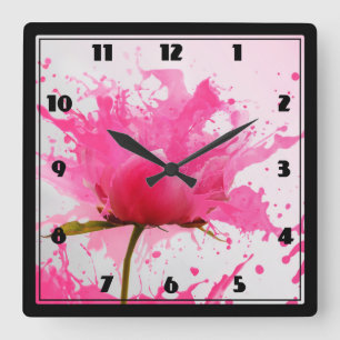 Horloge Carrée Paint Splatter Abstrait Fleur Rose