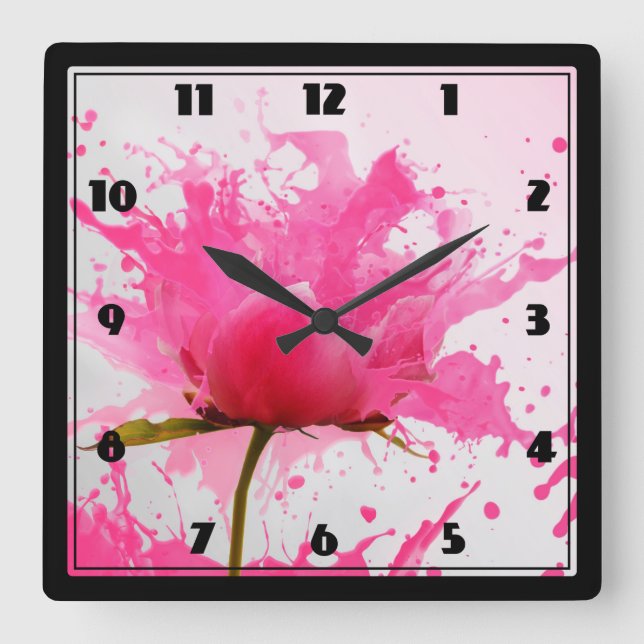 Horloge Carrée Paint Splatter Abstrait Fleur Rose (Recto)