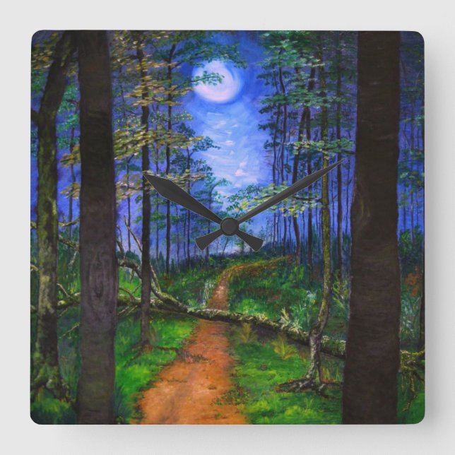 Horloge Carrée Painted Moonlit Path in the Woods Acrylique (Recto)