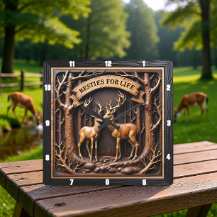 Horloge Carrée Paire de cerfs gravée Forêt sombre