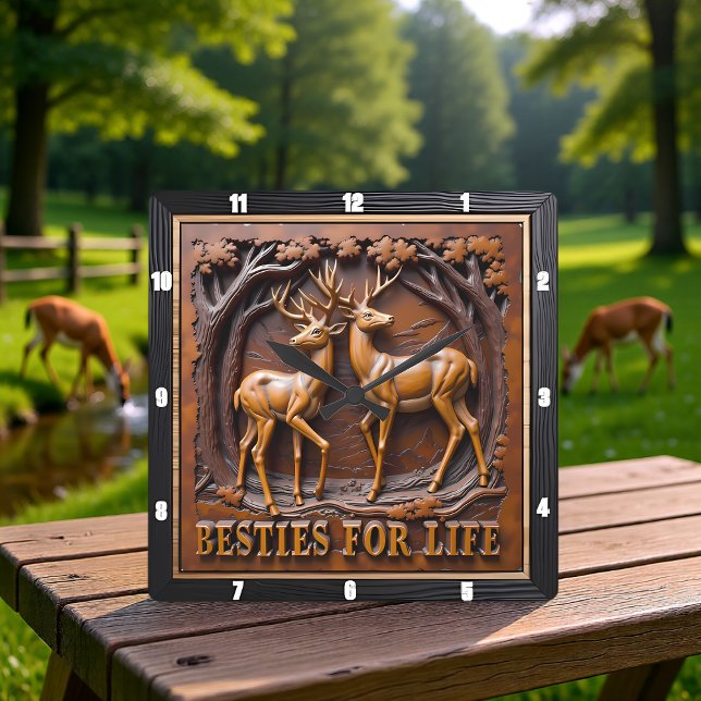 Horloge Carrée Paire de cerfs gravée rustique (Créateur téléchargé)