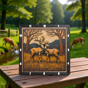 Horloge Carrée Paire de cerfs gravés Forêt Coucher de soleil