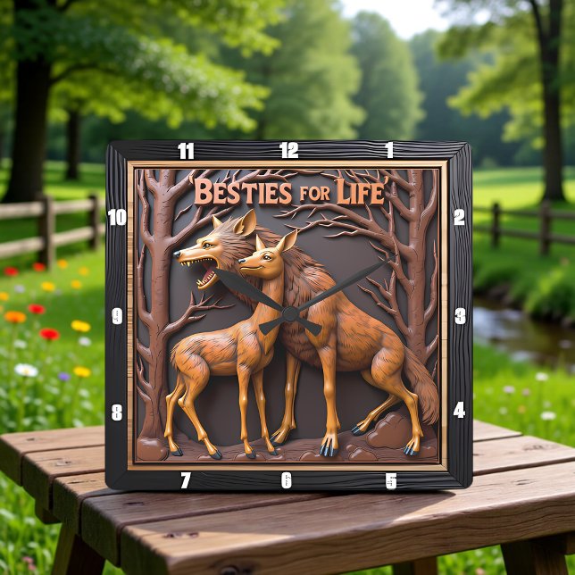 Horloge Carrée Paire de cerfs loups en bois (Créateur téléchargé)