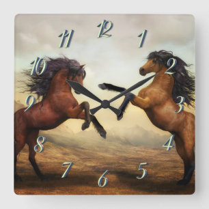 Horloge Carrée paire de chevaux sauvages