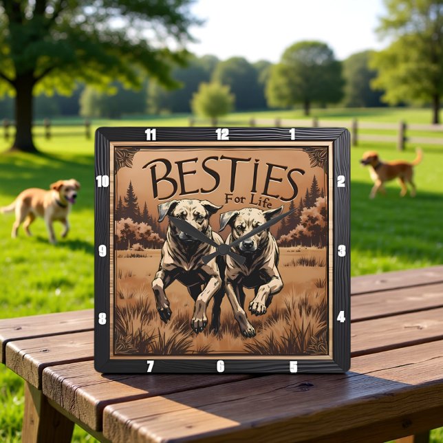 Horloge Carrée Paire de chiens gravée en forêt sépia (Créateur téléchargé)