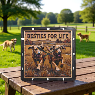 Horloge Carrée Paire de chiens gravés courant dans un champ