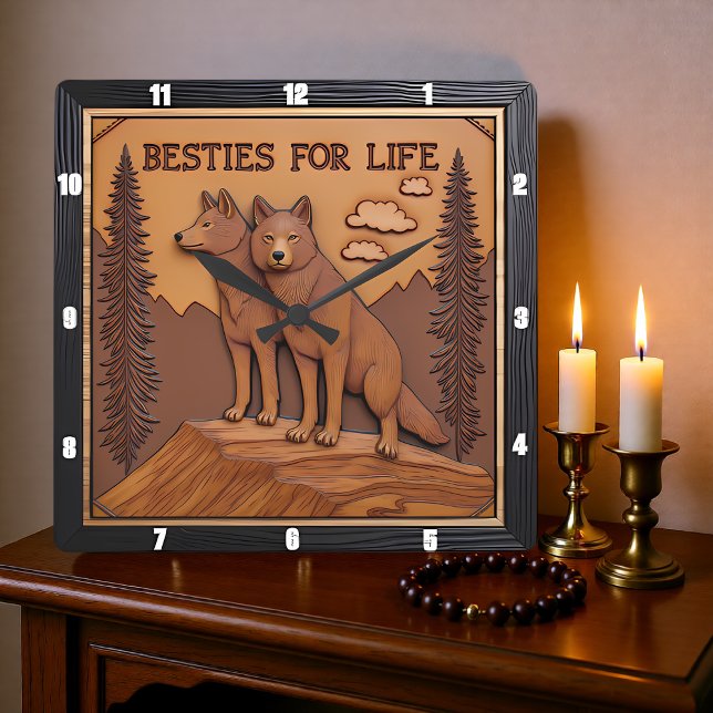 Horloge Carrée Paire de loups gravés Forêt de pins (Créateur téléchargé)