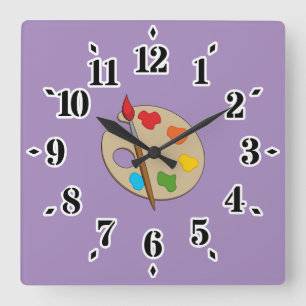 Horloge Carrée Palette Artiste avec pinceau