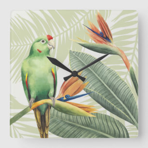 Horloge Carrée Palm Leaves With Green Bird