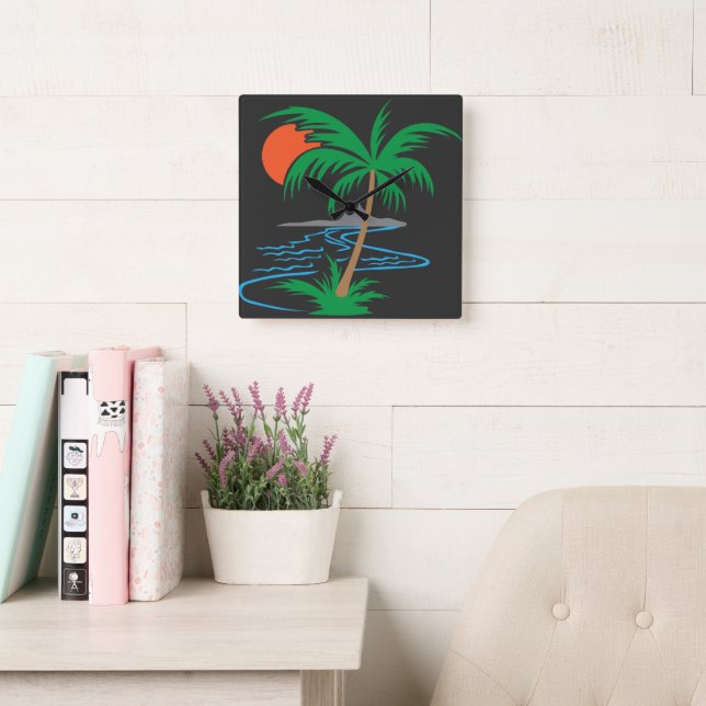 Horloge Carrée Palm Tree by the River | Tropical Sunset Art (Salle de lecture)