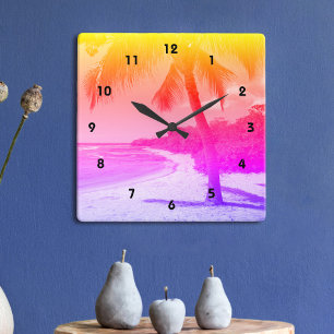 Horloge Carrée Palm Tree Plage Tropicale Orange rose violet ombre