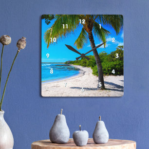 Horloge Carrée Palm Tree White Sand Hawaii Tropical Beach Photo