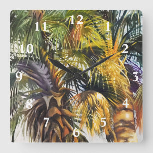 Horloge Carrée Palm Trees à Green Yellow and Purple Painting