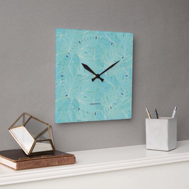 Horloge Carrée Palme tropicale bleu clair motif feuille (Bureau)