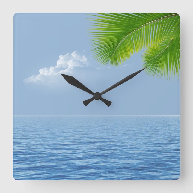 Horloge Carrée Palme tropicale sur l'eau (Recto)