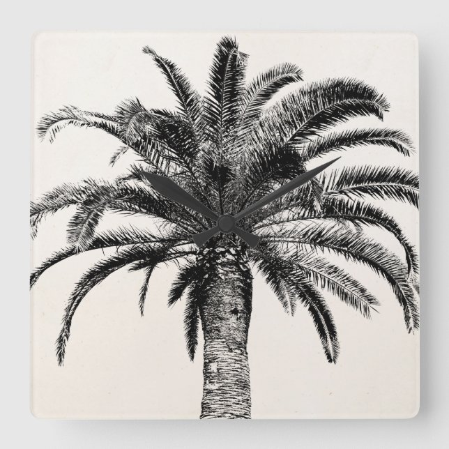 Horloge Carrée Palmier de l'île tropicale rétro en noir et blanc (Recto)