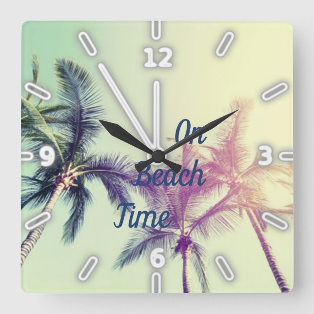 Horloge Carrée Palmier, Plage Tropicale, Été (Recto)