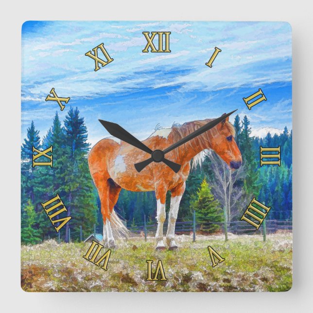Horloge Carrée Palomino Pinto dans le champ et la scène forestièr (Recto)