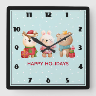Horloge Carrée Pals de Noël - Ours de rennes et lapin