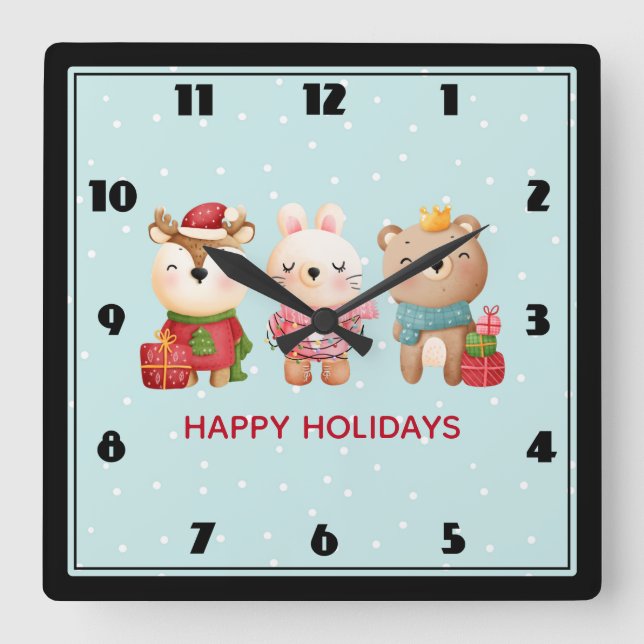 Horloge Carrée Pals de Noël - Ours de rennes et lapin (Recto)