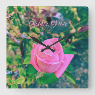 Horloge Carrée Pancarte Rose Rose Ici Jardin