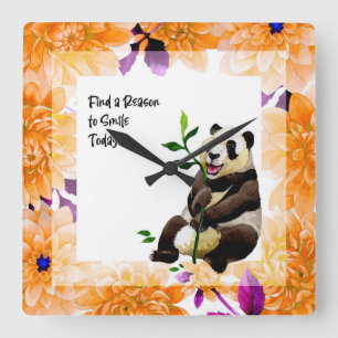 Horloge Carrée Panda avec cadre de fleur orange