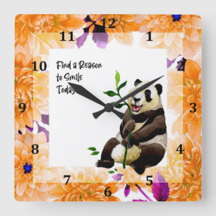 Horloge Carrée Panda avec cadre de fleurs orange