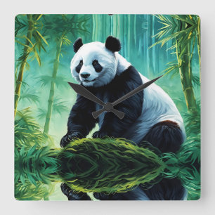 Horloge Carrée Panda géant dans la forêt de Bamboo