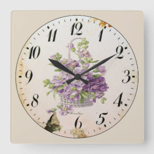 Horloge Carrée Panier de fleurs violettes