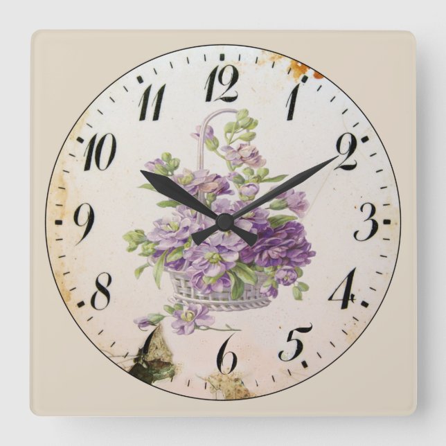 Horloge Carrée Panier de fleurs violettes (Recto)