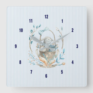 Horloge Carrée Panier de lapin de Pâques Fleurs et plumes