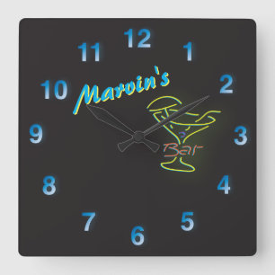 Horloge Carrée Panneau bleu néon personnalisable Mancave Tavern