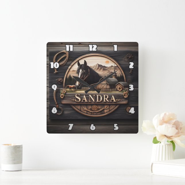 Horloge Carrée Panneau En Bois Avec Cheval Et Grange Au Coucher D (Maison)