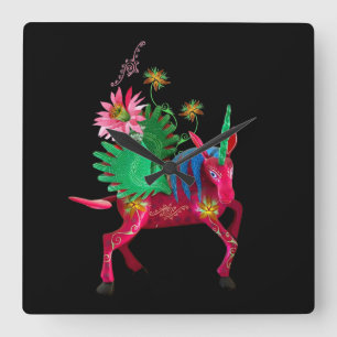 Horloge Carrée Panneau en bois rose Alebrije Mexicaine
