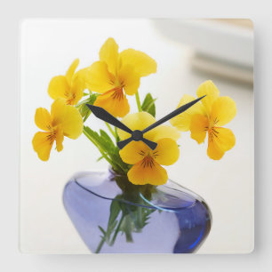Horloge Carrée Pansies jaunes Vase violette Fleurs de Spa Bain de