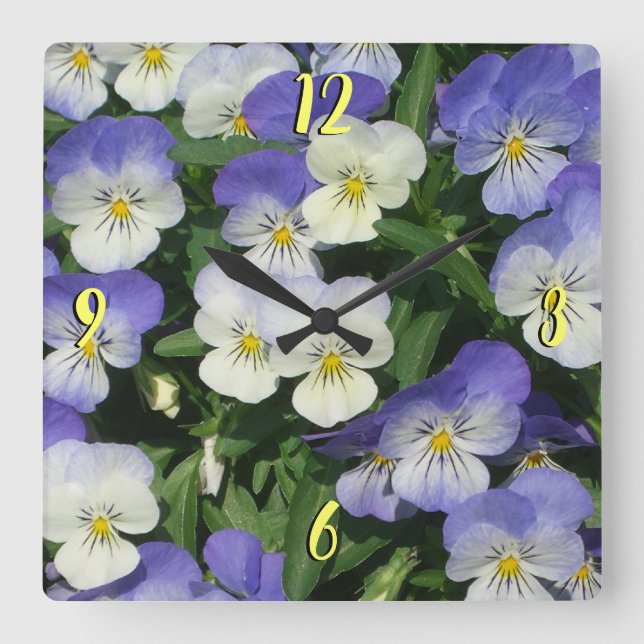 Horloge Carrée Pansies violettes Jardin Floral (Recto)