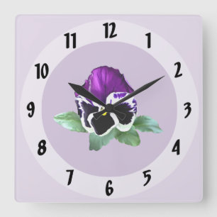 Horloge Carrée Pansy pourpre et blanc