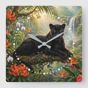 Horloge Carrée Panthère noire Fleurs de la jungle du Kenya Cascad
