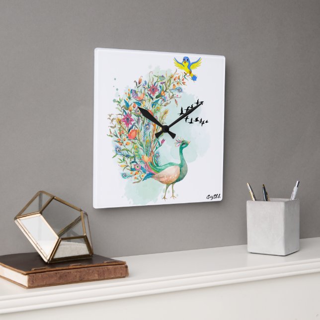 Horloge Carrée paon (Bureau)