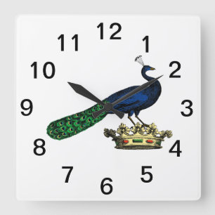 Horloge Carrée Paon stylisé vintage héraldique sur couronne C