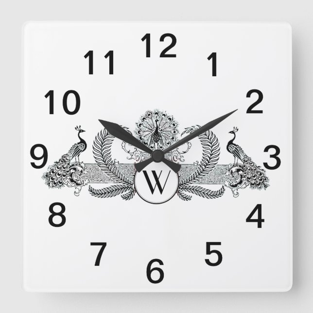 Horloge Carrée Paons vintage avec monogramme (Recto)