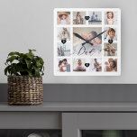 Horloge Carrée Papa Script Famille Mémoire Photo Grille Collage<br><div class="desc">Un beau cadeau personnalisé pour votre père qu'il chérira pendant des années. Dispose d'une moderne treize matrices photo pour afficher 13 de vos propres souvenirs de photos de famille. "Papa" a été conçu dans un magnifique style manuscrit noir. Chaque photo est encadrée d'un simple cadre doré. Les coeurs noirs simples...</div>