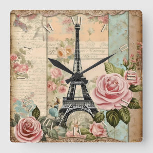 Horloge Carrée papier chic shabby paris -