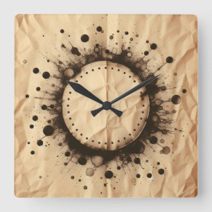 Horloge Carrée papier marron froissé et tache de café