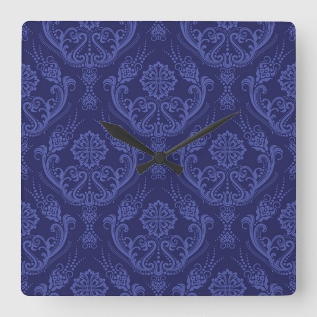 Horloge Carrée Papier peint bleu fleuri damassé de luxe (Recto)