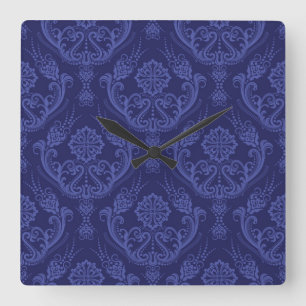 Horloge Carrée Papier peint floral bleu de luxe de damassé