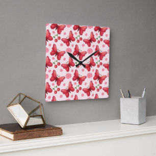 Horloge Carrée Papillon aquarelle fantaisiste et motif cerise