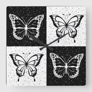 Horloge Carrée Papillon blanc noir À damiers bloc